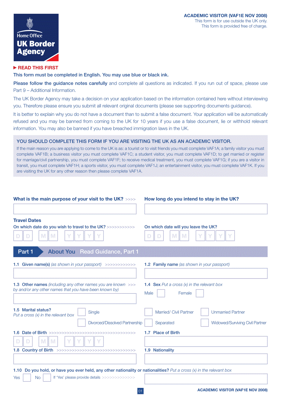 英国签证申请表--访问学者申请_第1页