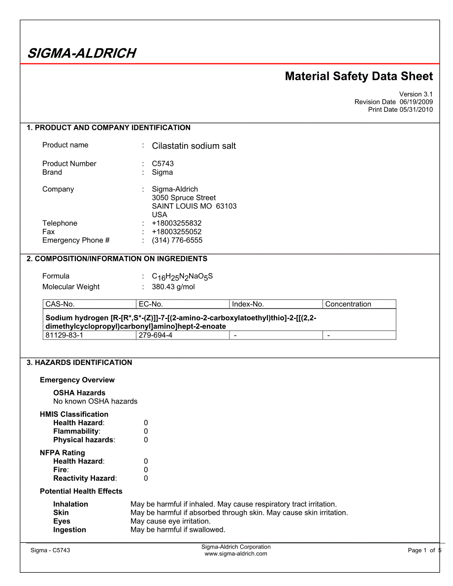 西司他丁钠盐MSDS_第1页