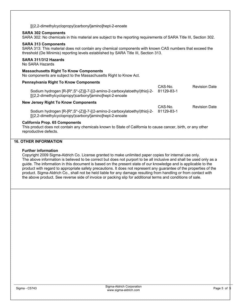 西司他丁钠盐MSDS_第5页