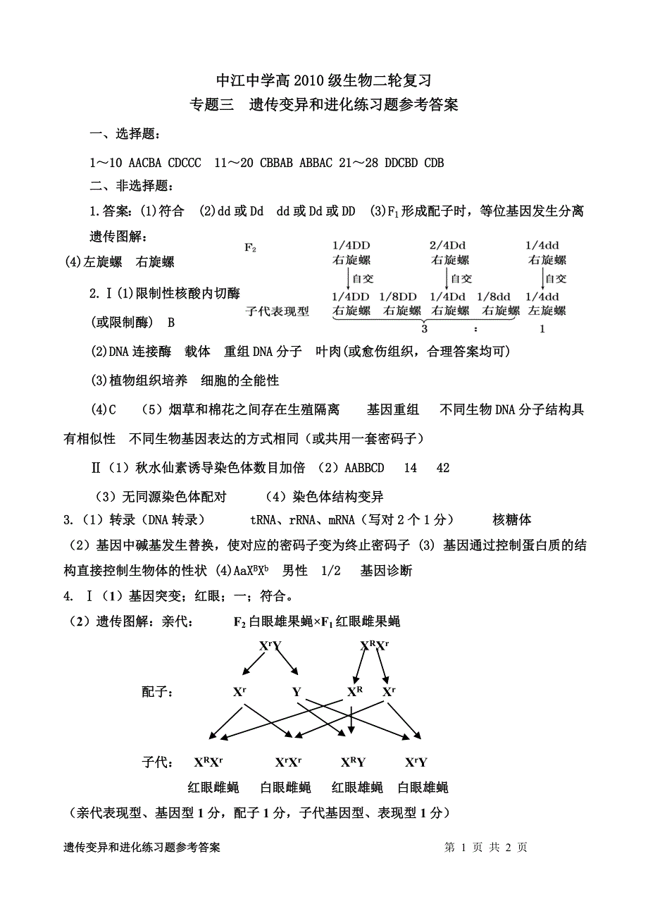 专题三__遗传变异和进化练习题答案_第1页