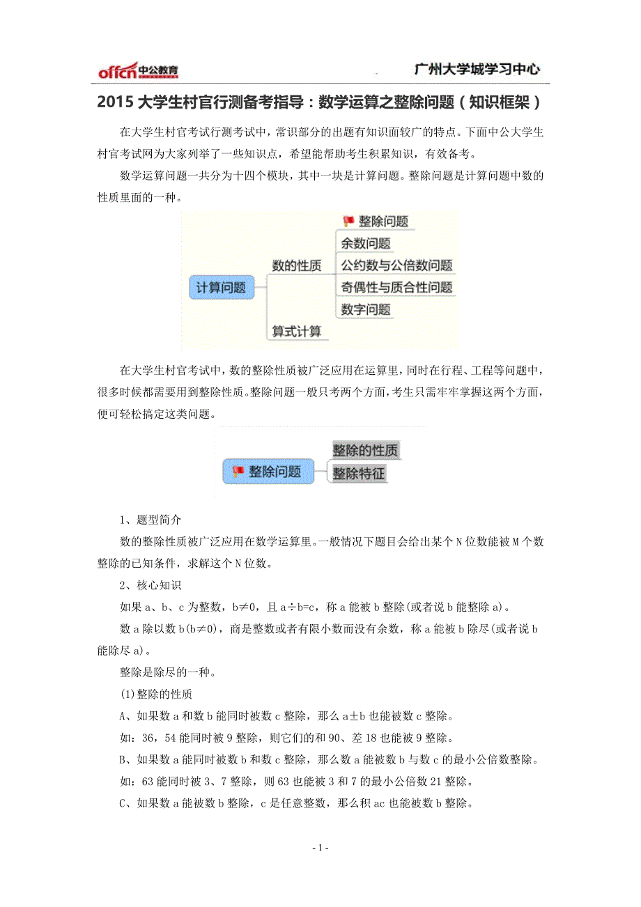 2015大学生村官行测备考指导：数学运算之整除问题(知识框架)_第1页