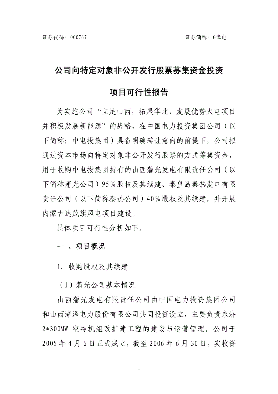 公司向特定对象非公开发行股票募集资金投资项目可行性报告_第1页