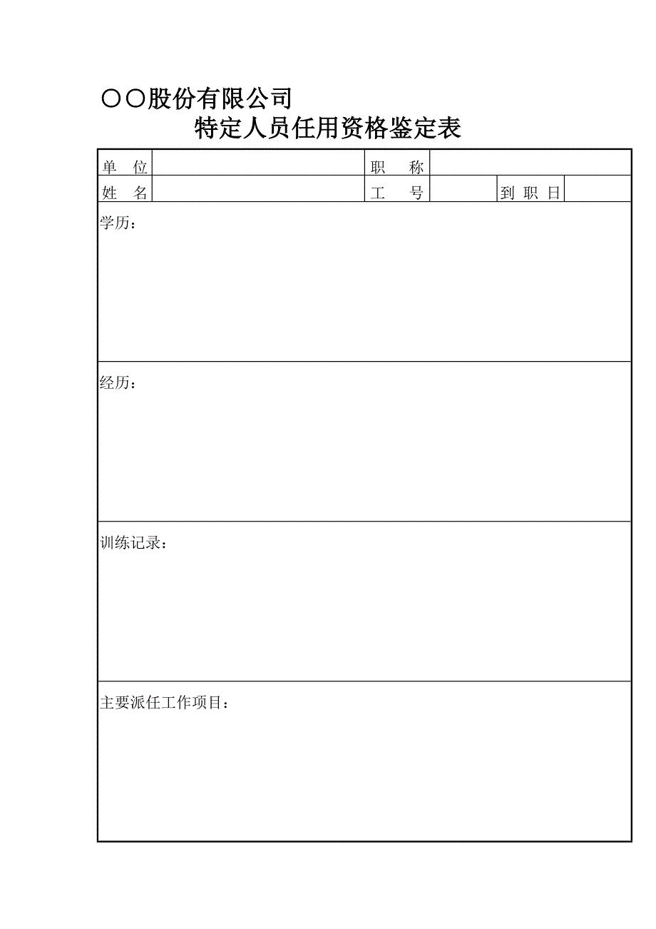 ○○股份有限公司特定人员任用资格鉴定表_第1页