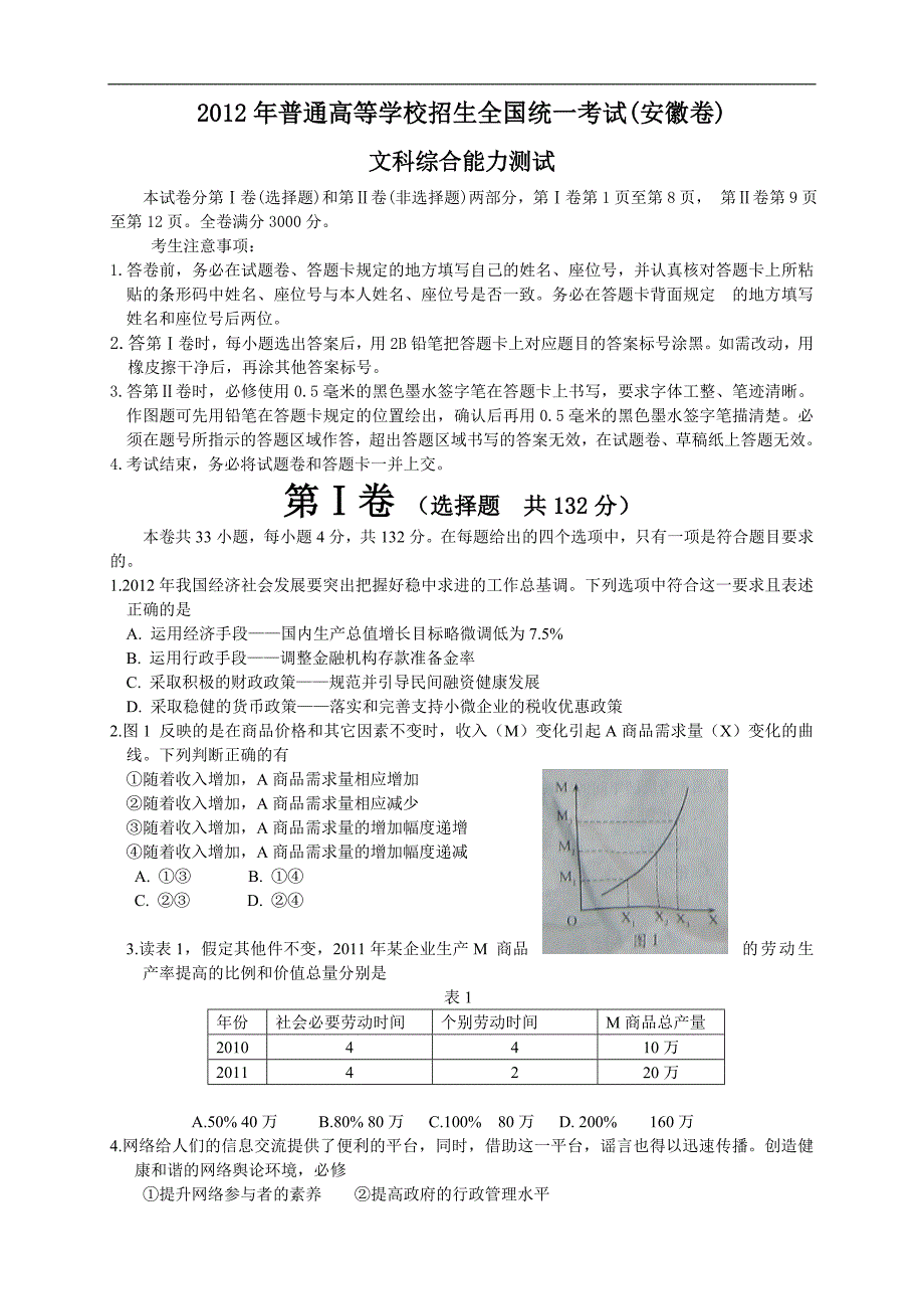 2012年高考试题安徽卷文综(word)_第1页