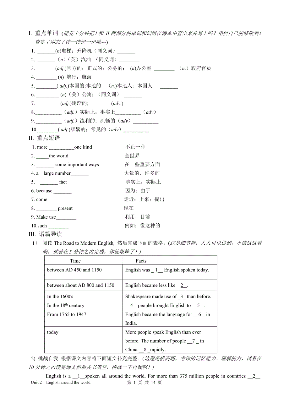 人教版英语 Unit 2  English around the world学案_第1页