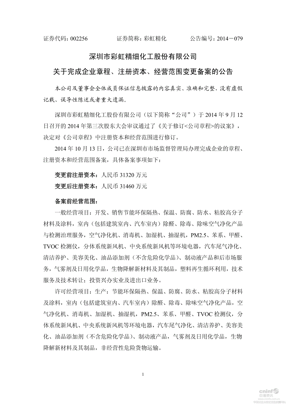 002256关于完成企业章程、注册资本、经营范围变更备案_第1页