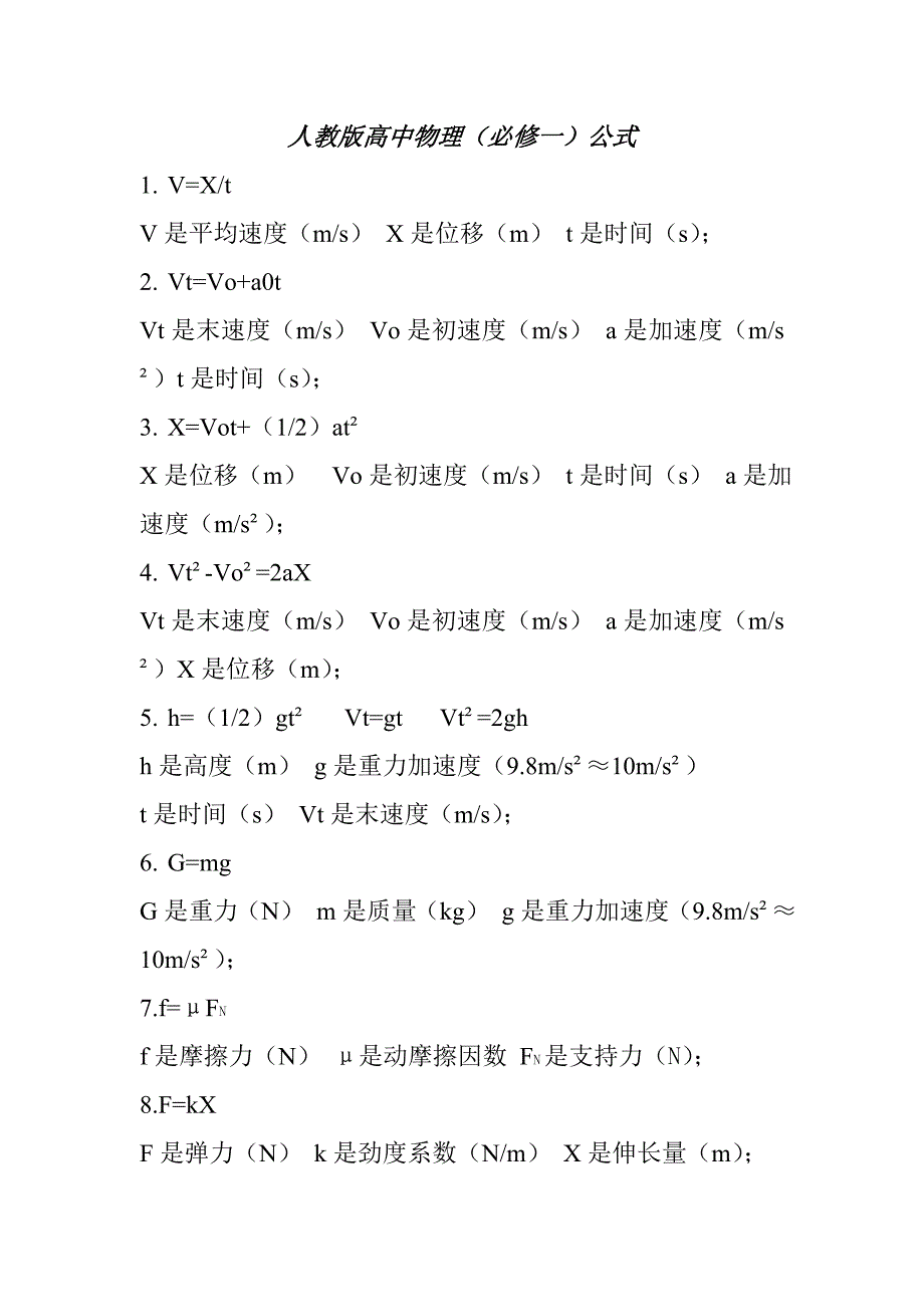 人教版高中物理(必修一 二)公式_第1页