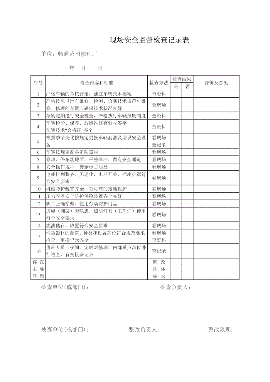 修理厂现场安全检查记录表_第1页