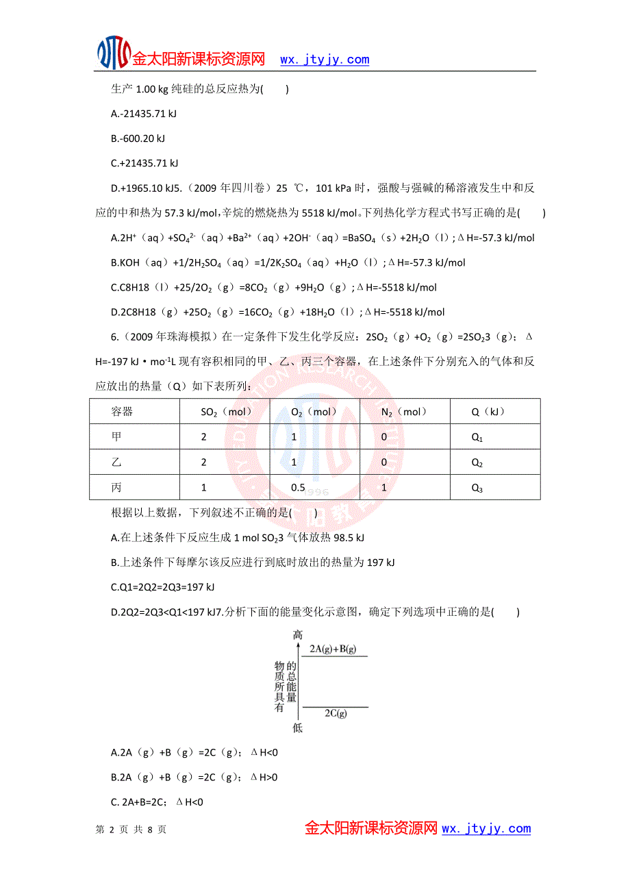 人教版选修4同步练习： 化学反应 能源 反应热的计算_第2页