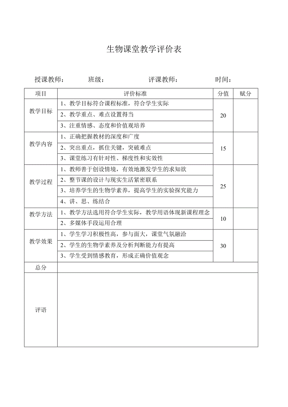 生物课堂教学评价表_第1页