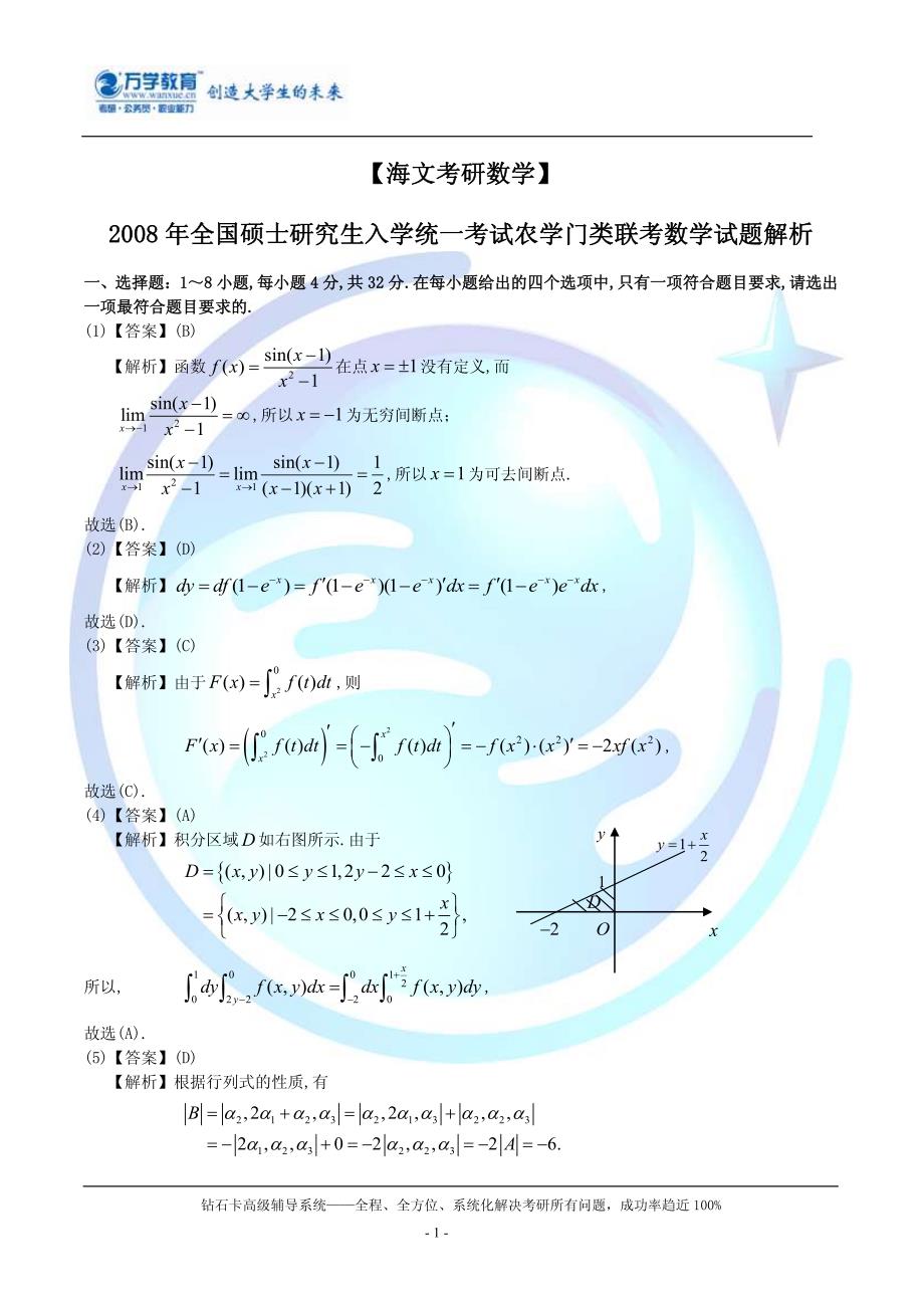 【海文考研数学】2008年全国硕士研究生入学统一考试农学门类联考数学试题解析_第1页