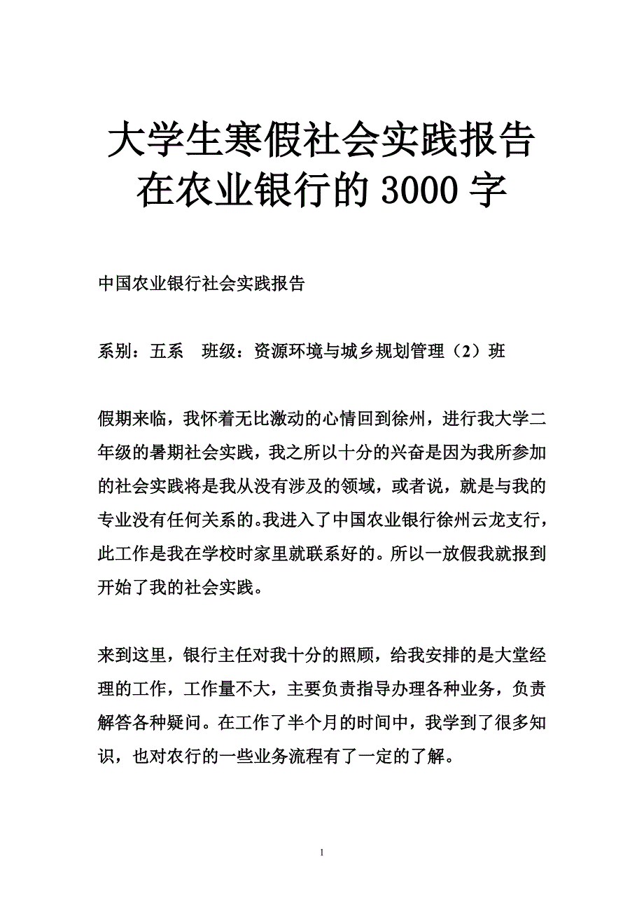 大学生寒假社会实践报告在农业银行的3000字_第1页