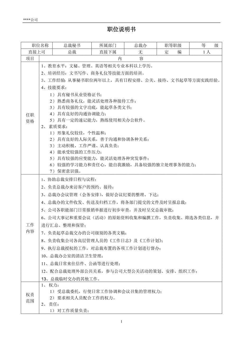 总裁秘书职位说明书_第1页