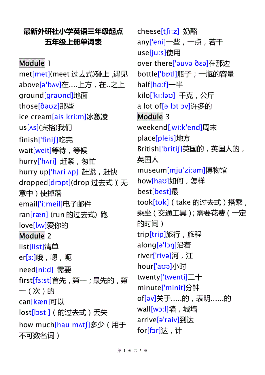 外研版英语五年级five one-上册-带音标的单词表_第1页