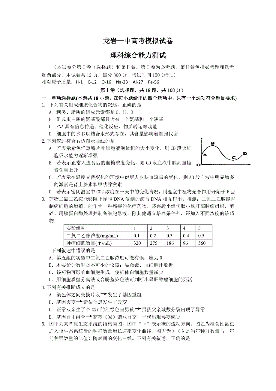 福建省高三高考模拟理综生物试卷_第1页