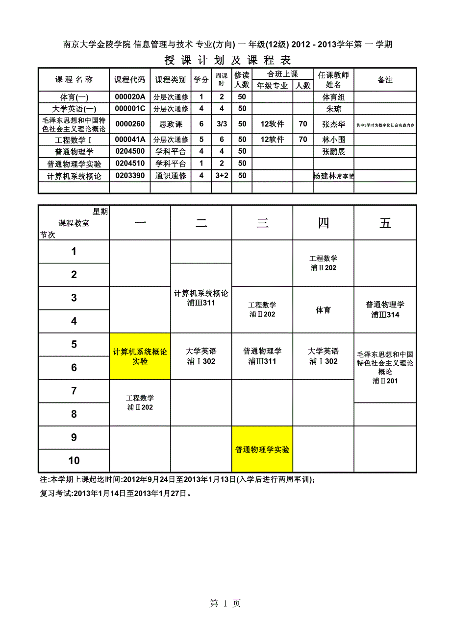 南京大学金陵学院信工最新课表_第1页