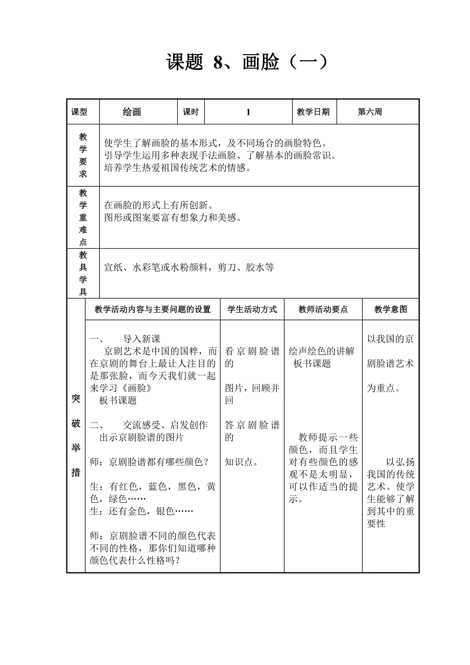 画脸1 苏教版国标美术教案五年级下_第1页