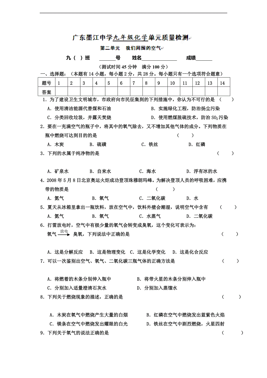 2014届九年级化学第二单元测试题_第1页