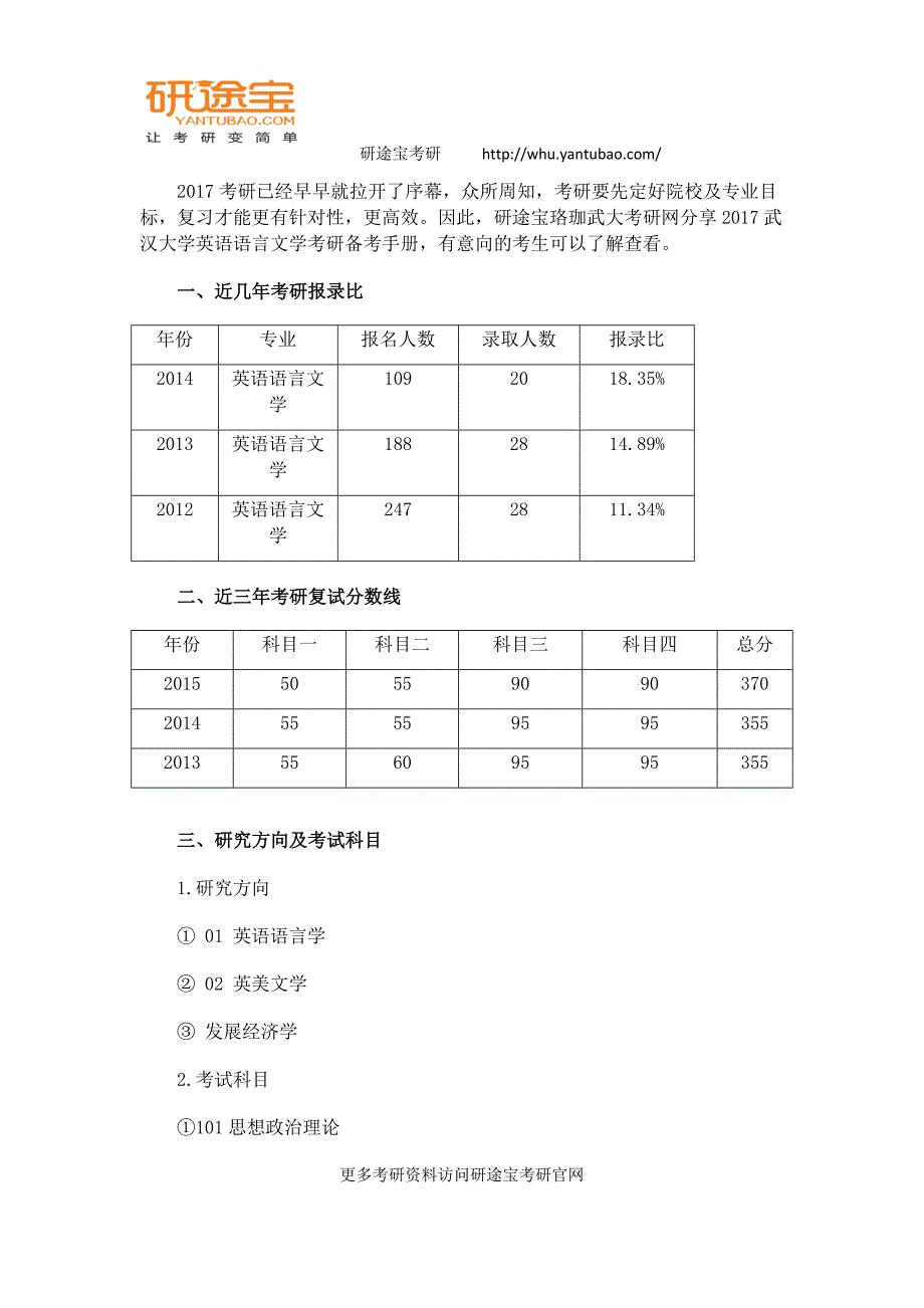 2017年武汉大学英语语言文学考研复习手册及综合解析——研途宝_第1页