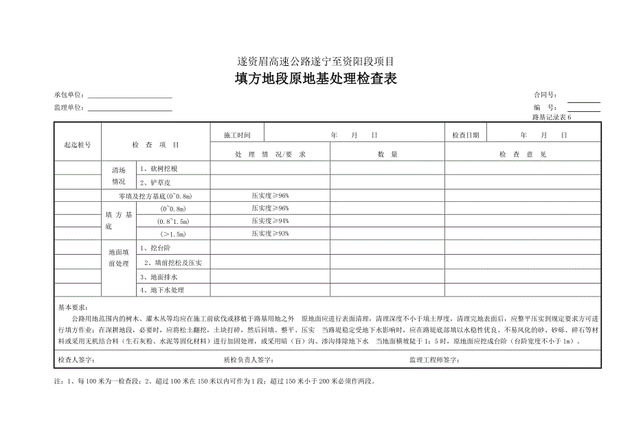 填方地段原地基处理检查表(路基记录表6)_第1页