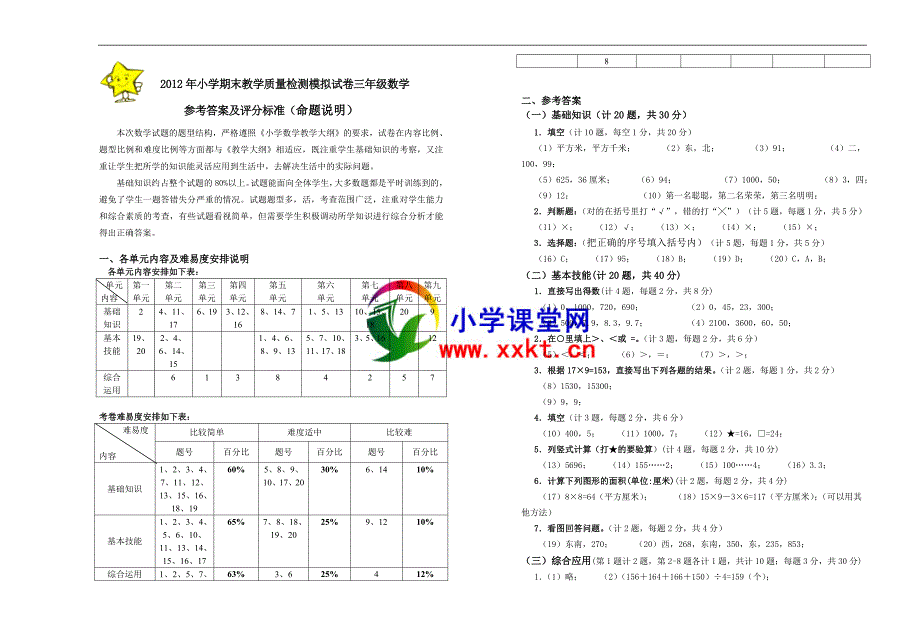 2012年小学期末教学质量检测模拟试卷三年级数学卷(内附参考答案)_第3页