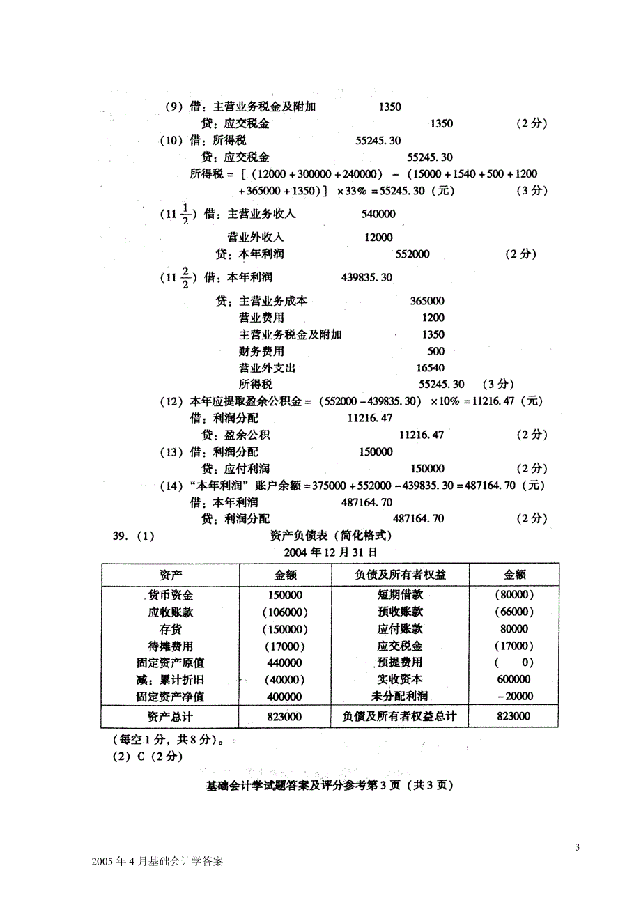 2005年4月基础会计学答案_第3页