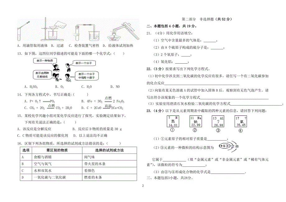 2013-2014九年级上册化学期末考试卷(人教版)_第2页