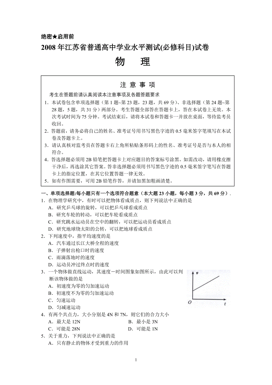 江苏省普通高中学业水平测试必修科目试卷物理_第1页