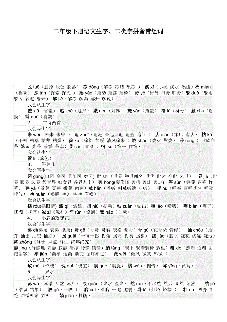 人教二年级下册语文生字一二类字需要会写认,会写的字拼音带组词_第1页