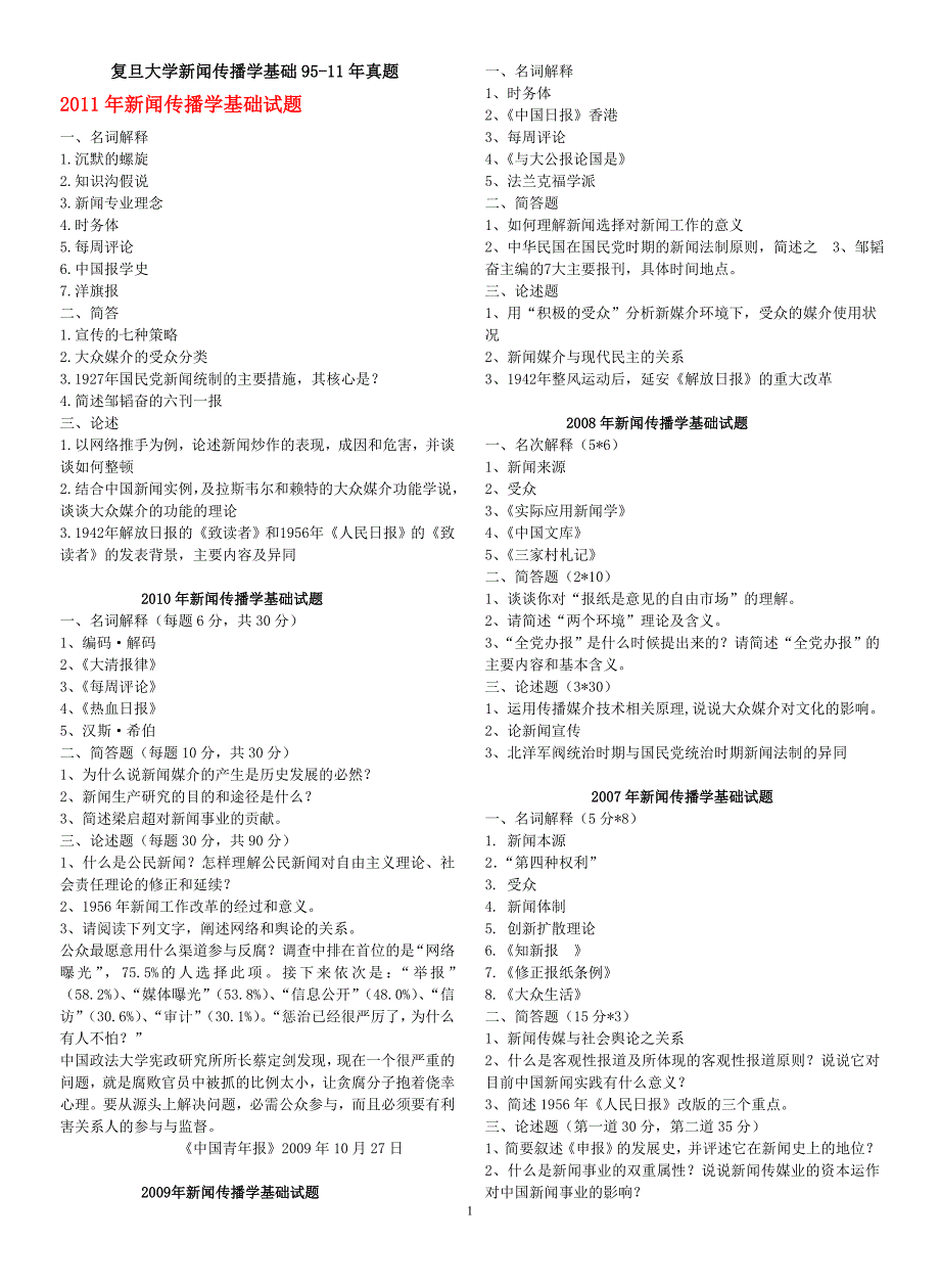 复旦大学新闻传播学基础1995-2011年真题、传播实务试题_第1页