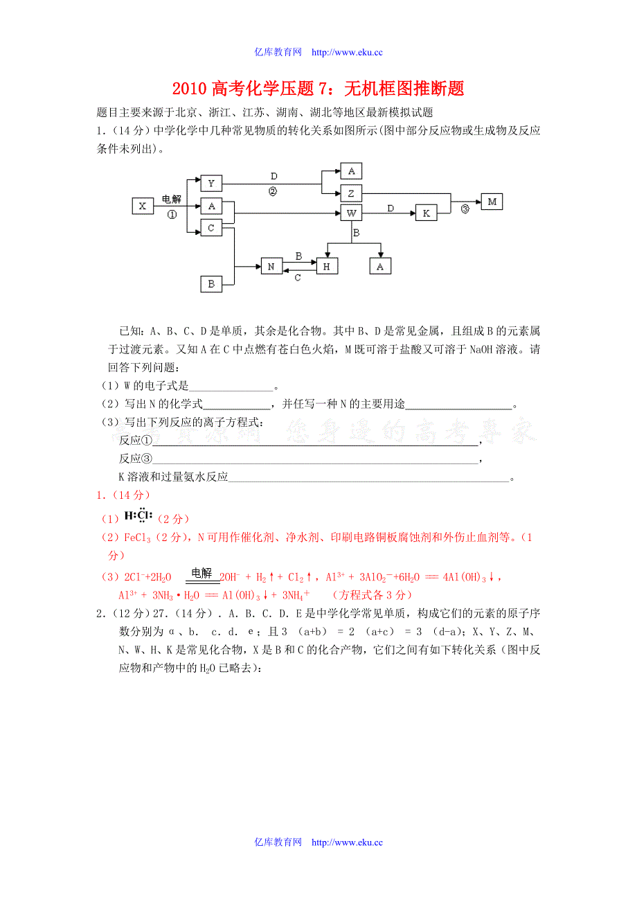 高三化学高考压题7：无机框图推断题_第1页