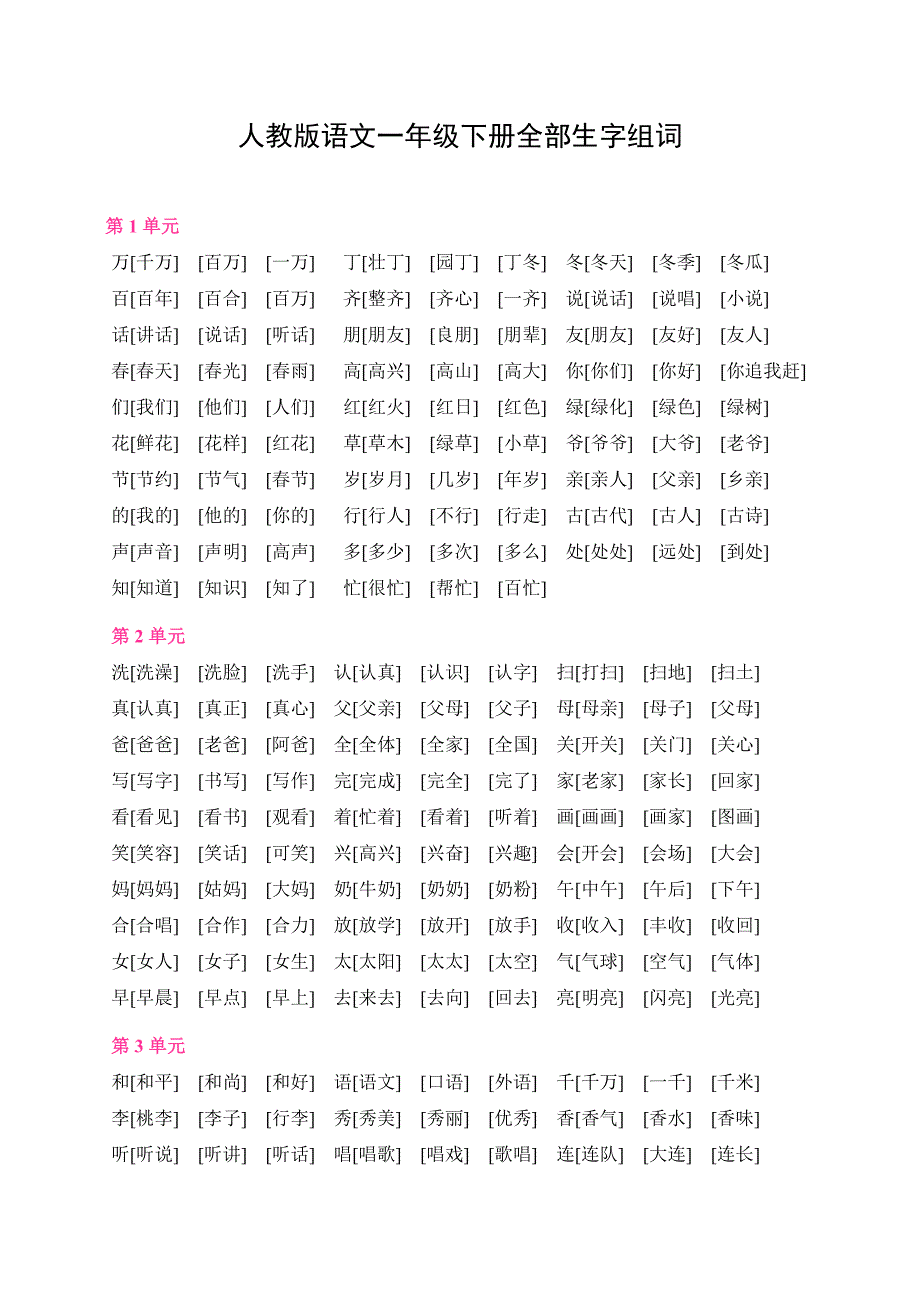 人教版语文一年级下册全部生字组词2_第1页