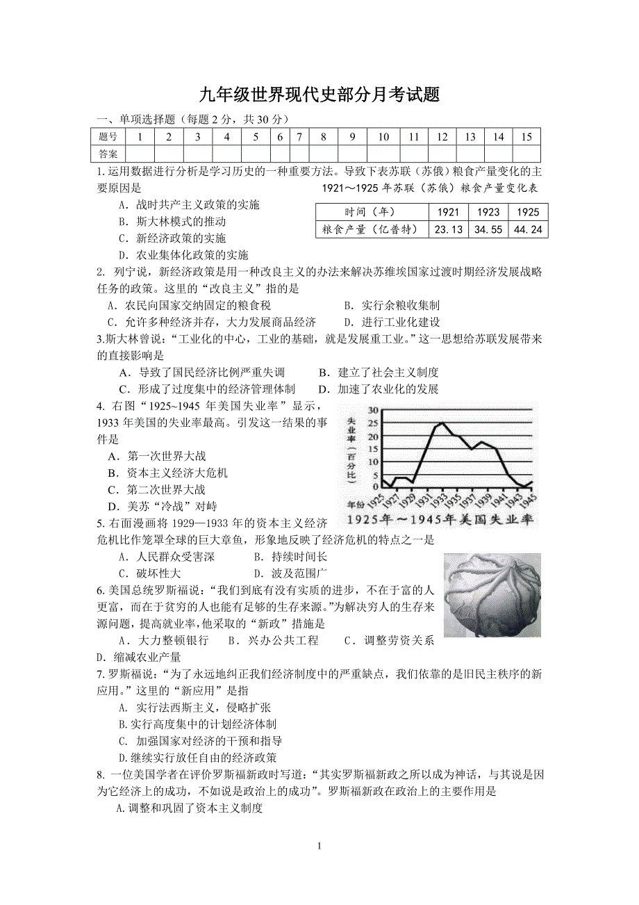 九年级世界现代史部分月考试题_第1页