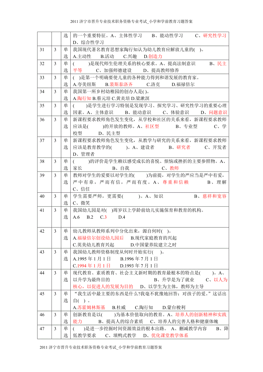 2018济宁市晋升专业技术职务资格专业考小学_学前教育习题答案小学学前教育习题及答案_第3页