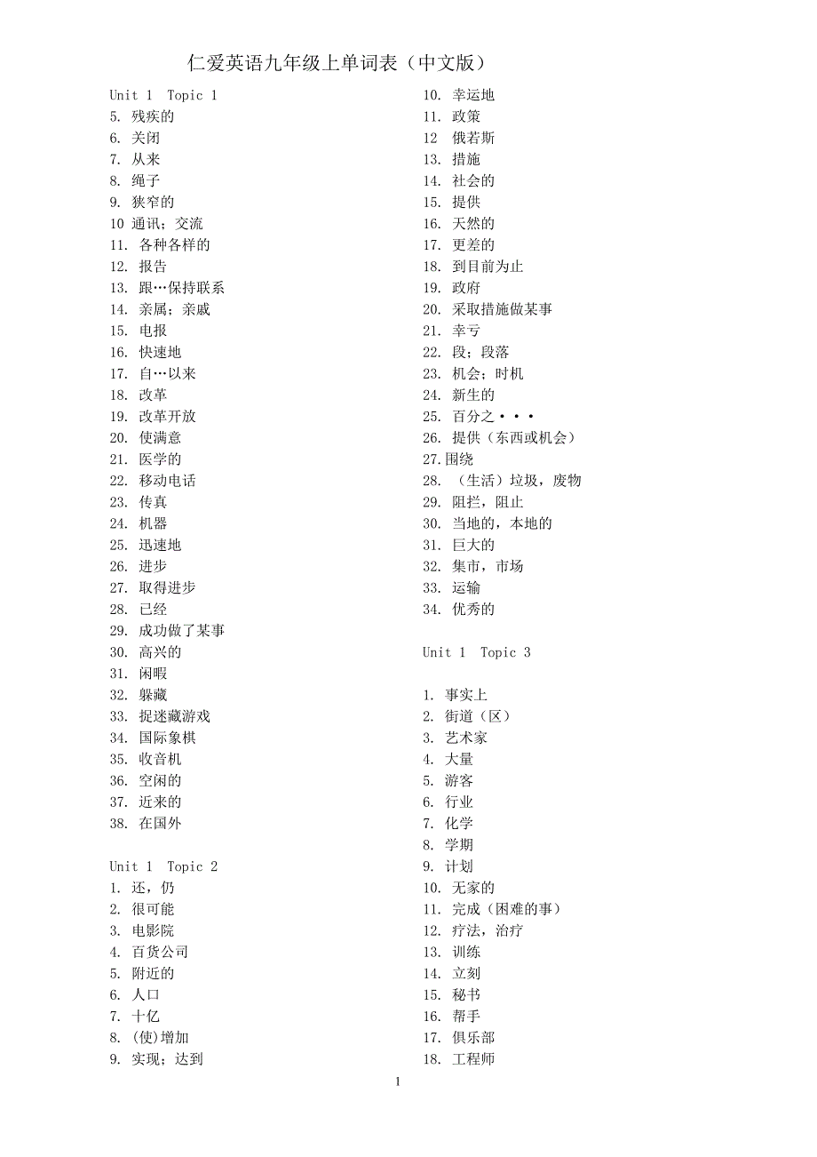 2015最新仁爱英语九年级上单词表中文版_第1页