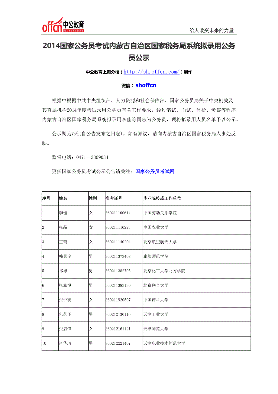 2014国家公务员考试内蒙古自治区国家税务局系统拟录用公务员公示_第1页