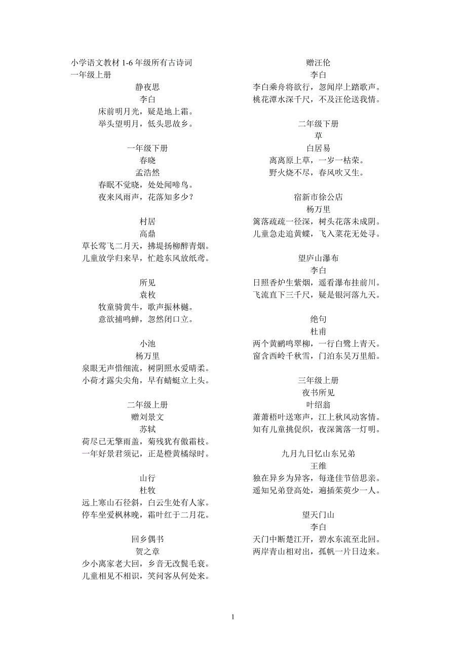 精编小学语文教材1-6年级所有古诗词_第1页