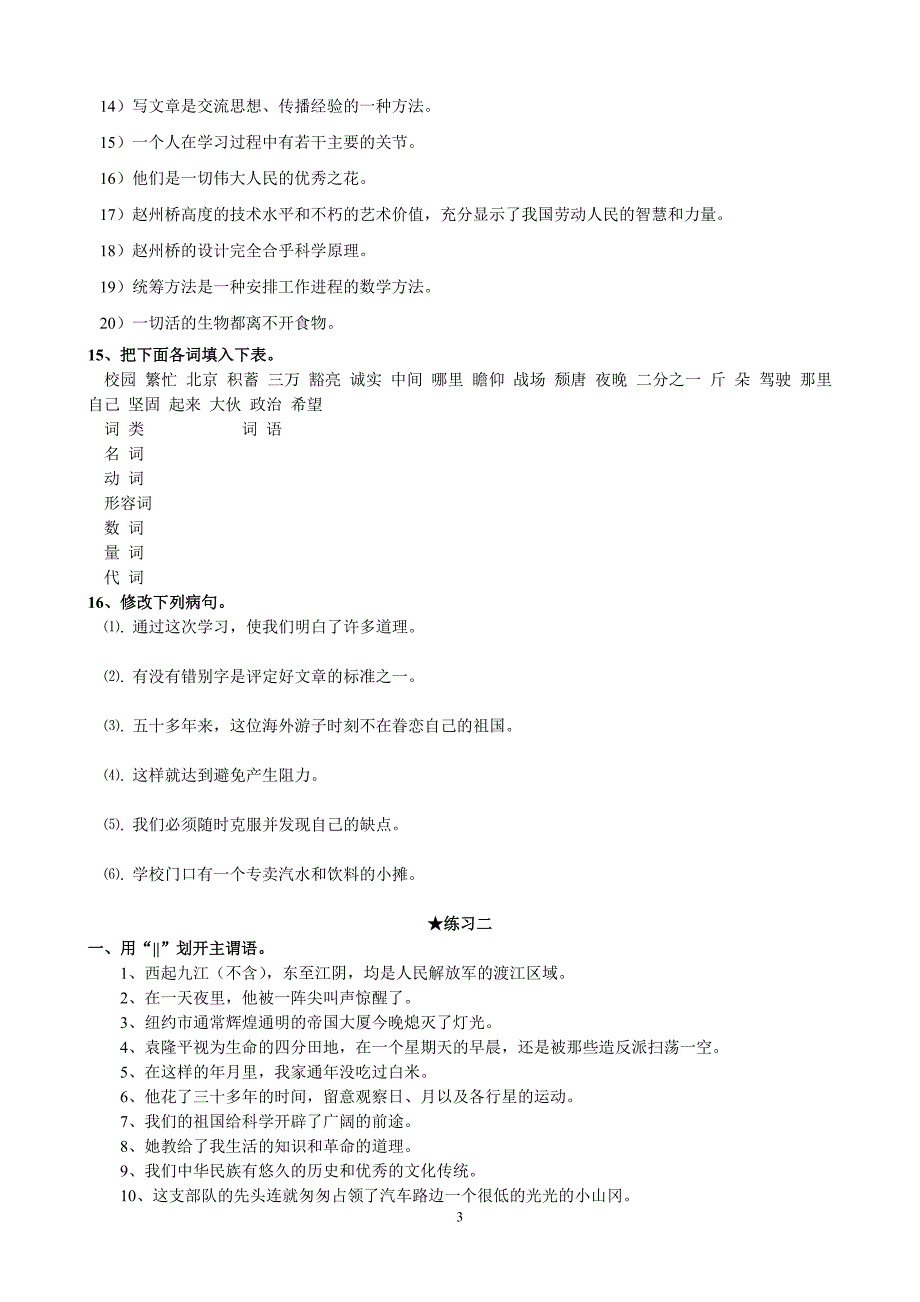 精编语文语法练习(词类_短语_句子成分_复句_修改病句)_第3页