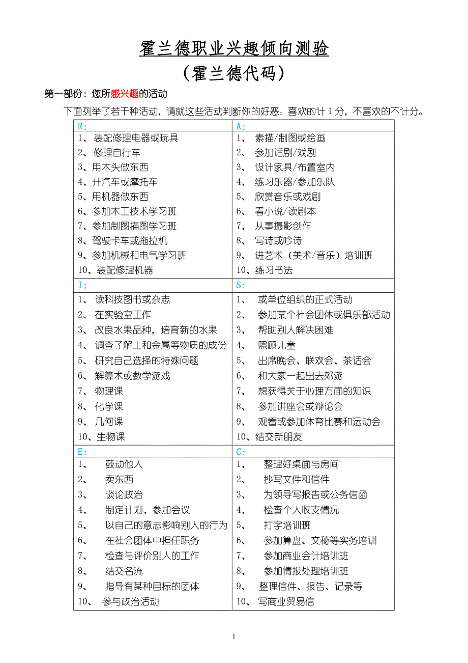 兴趣测试（霍兰德代码）—附测试题与代码解析_第1页