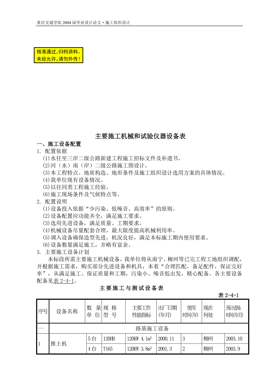 某二级公路施工组织设计--主要施工机械和试验仪器设备表_第1页