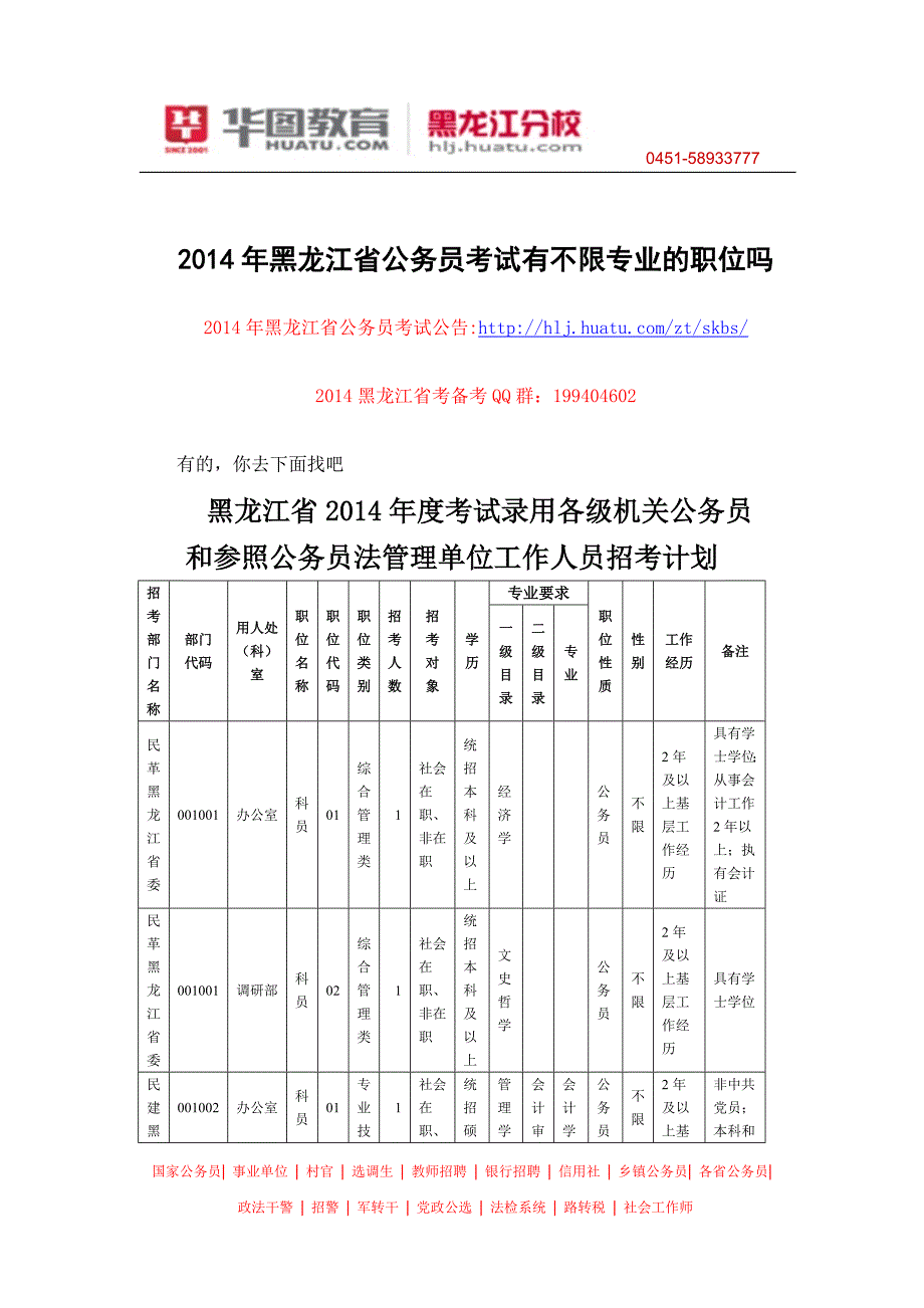 2014年黑龙江省公务员考试有不限专业的职位吗_第1页