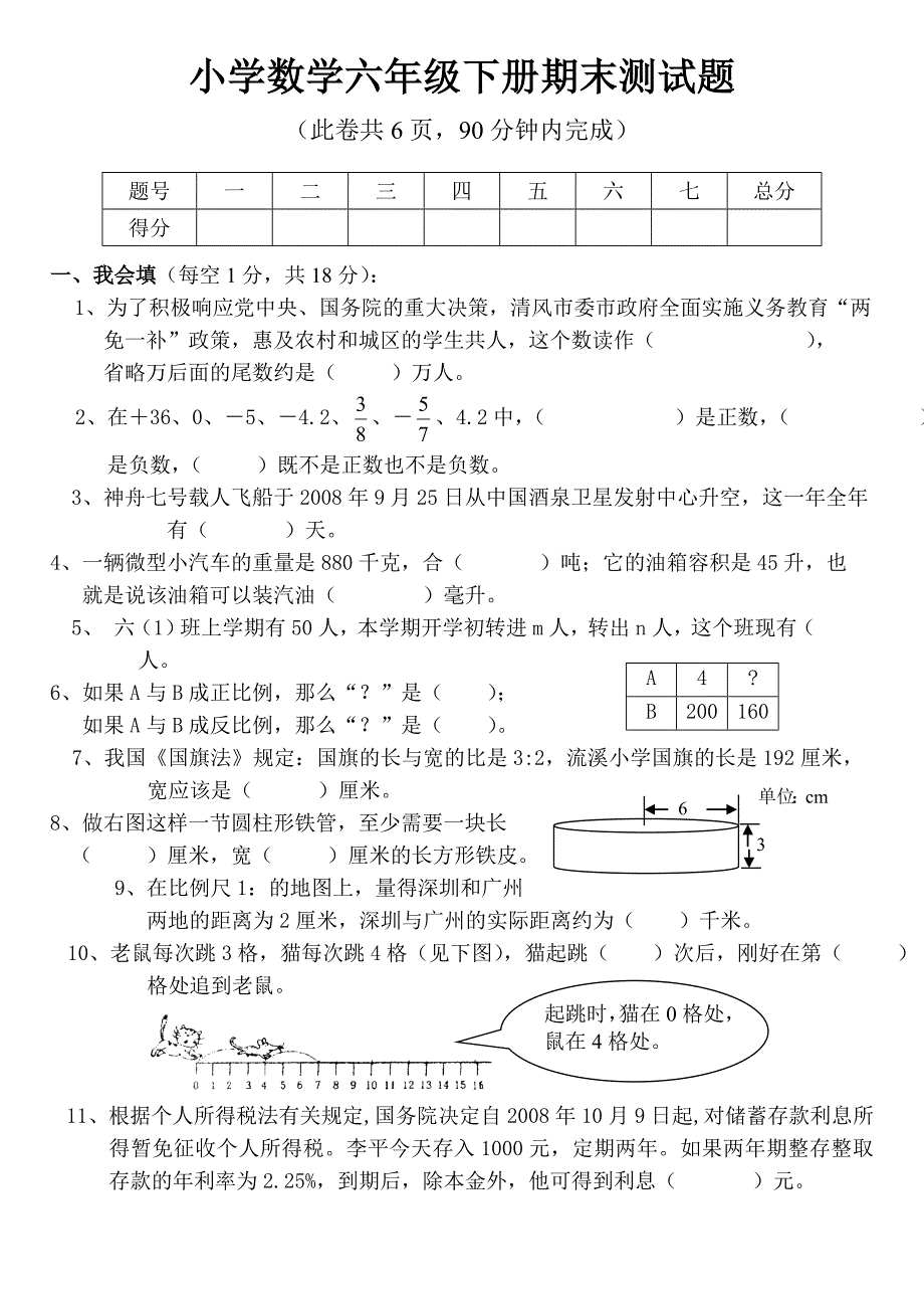 六年级下册数学期末测试题一_第1页