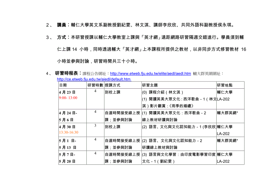 [修订]辅仁大学九十三年度第二学期办理中小学英文教师在职进修活动实施计画_第2页