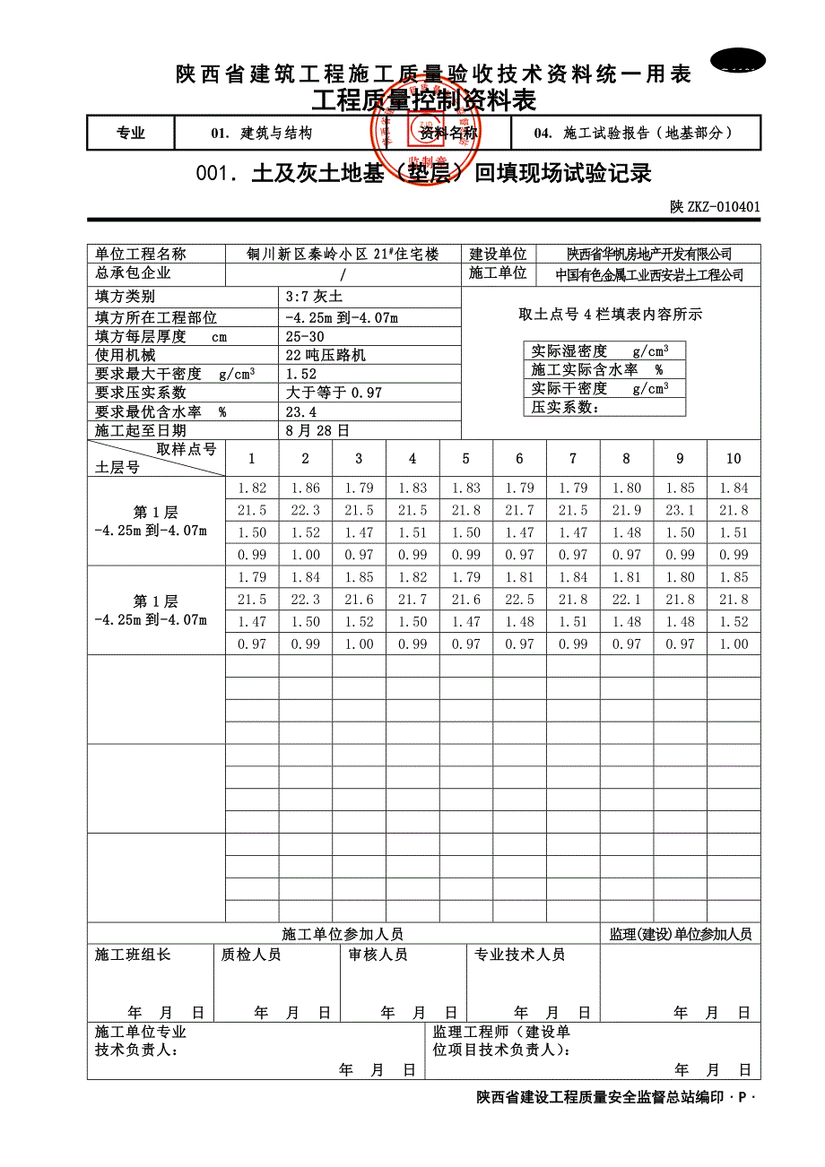 C1101土及灰土地基（垫层）回填现场试验记录_第1页