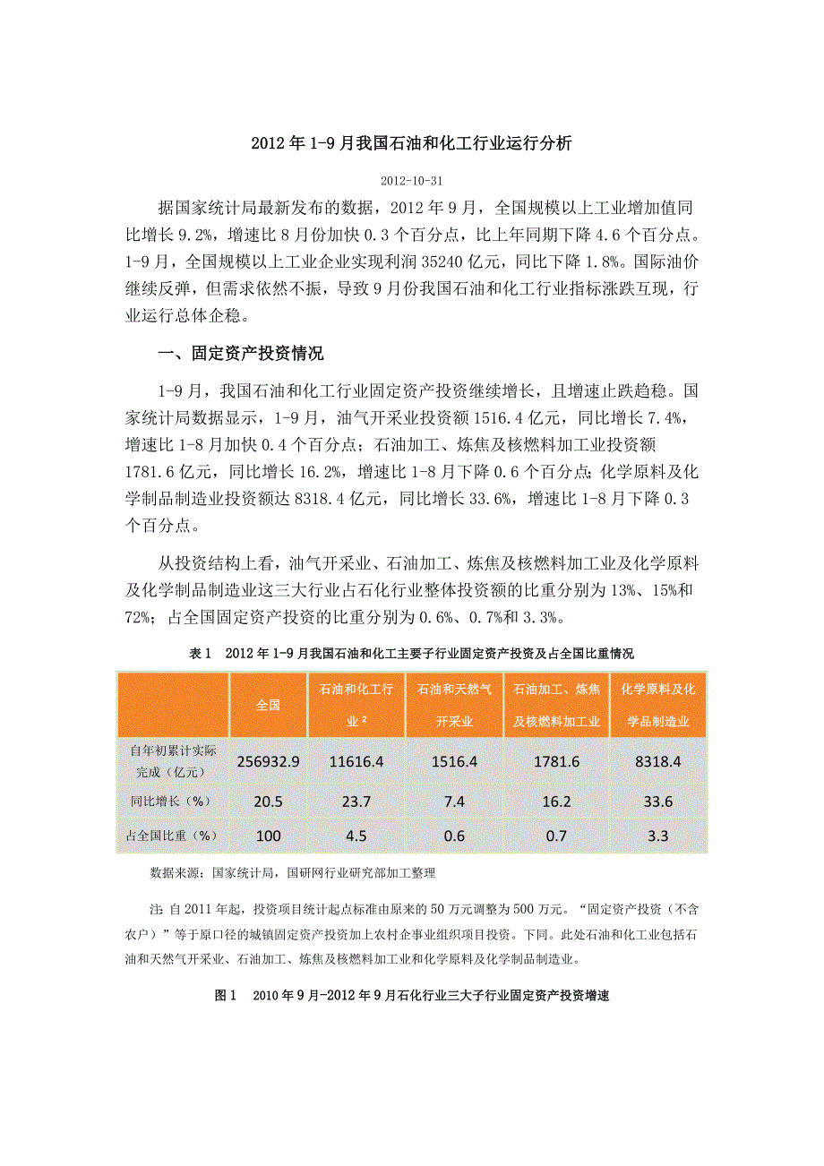 2012年1-9月我国石油和化工行业运行分析_第1页