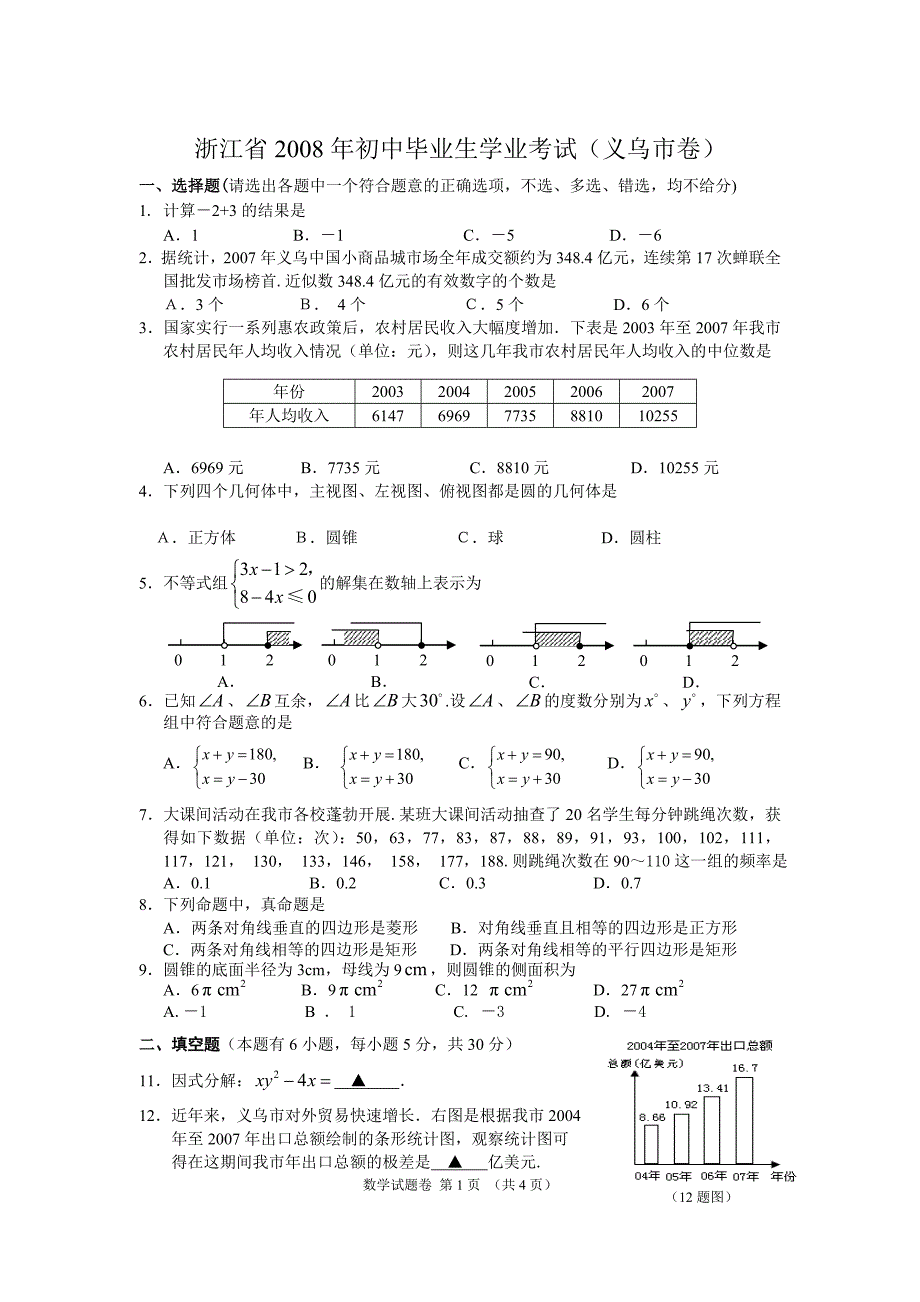 2008年浙江省义乌市初中毕业生学业考试卷及参考答案_第1页