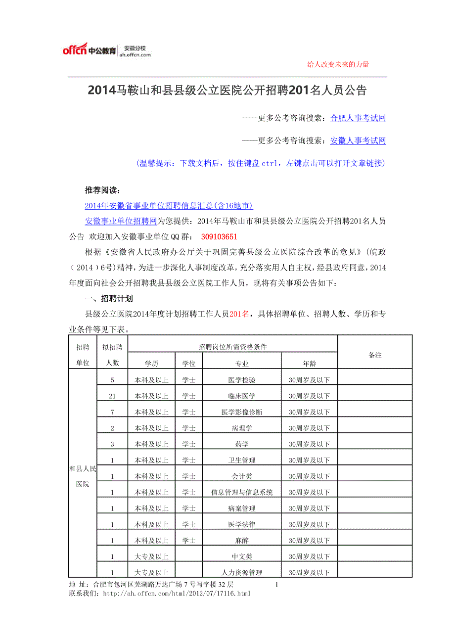 2014马鞍山和县县级公立医院公开招聘201名人员公告_第1页