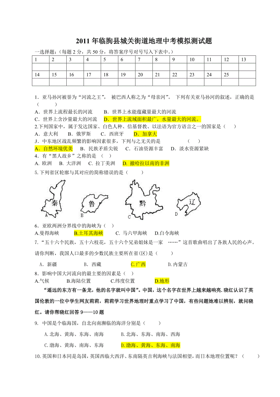 2011年临朐县城关街道中考地理模拟测试题_第1页