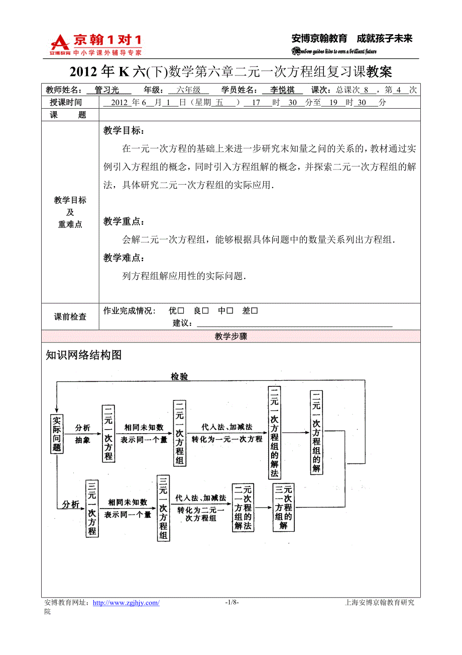 2012年K六（下）数学二元一次方程组复习课教案_第1页