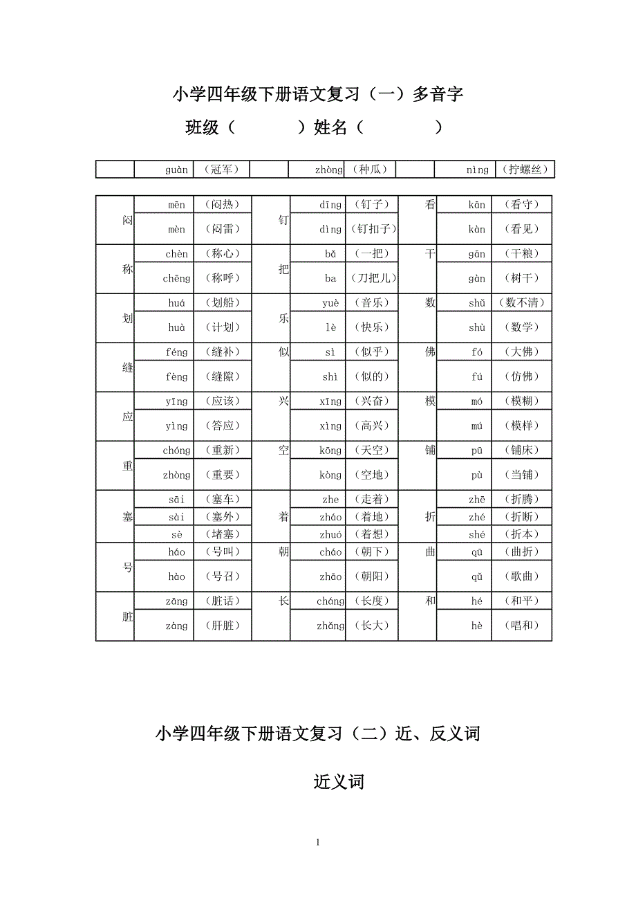 四年级多音字近反义词词语解释归类_第1页